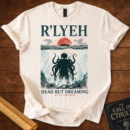 R’LYEH – Dead But Dreaming Literary Horror HP Lovecraft T-Shirt Natural