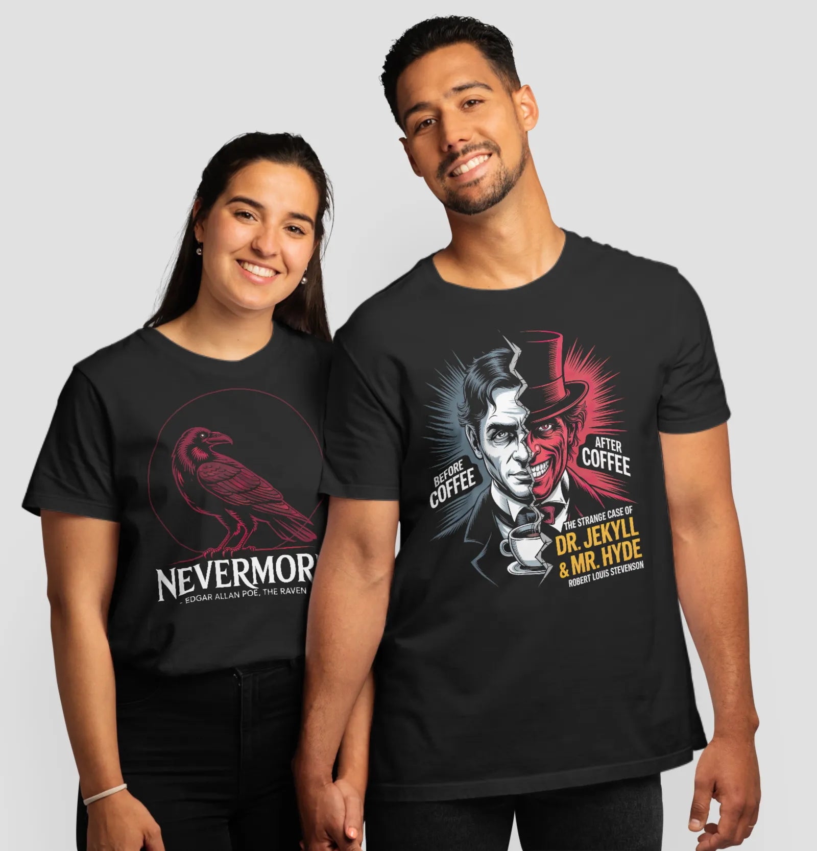 Two people wearing black t-shirts with graphic designs and text.