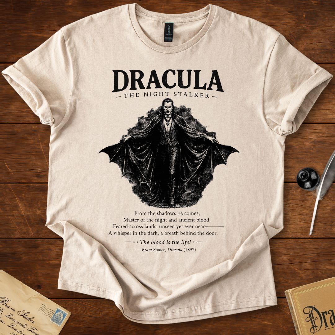 The Night Stalker – Gothic Literary Quote T-Shirt Sand