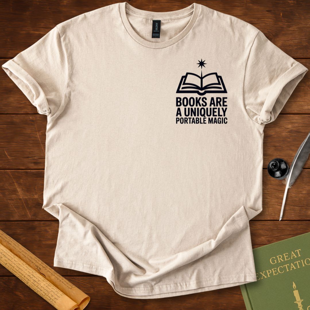 Books are a Uniquely Portable Magic Insignia T-Shirt Sand