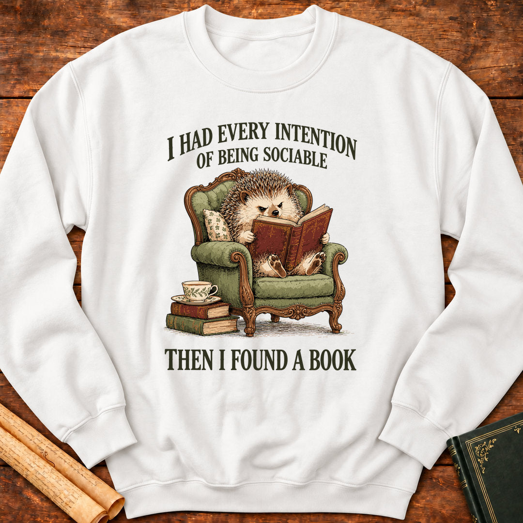 I Had Every Intention of Being Sociable – Hedgehog Reading Sweatshirt - White