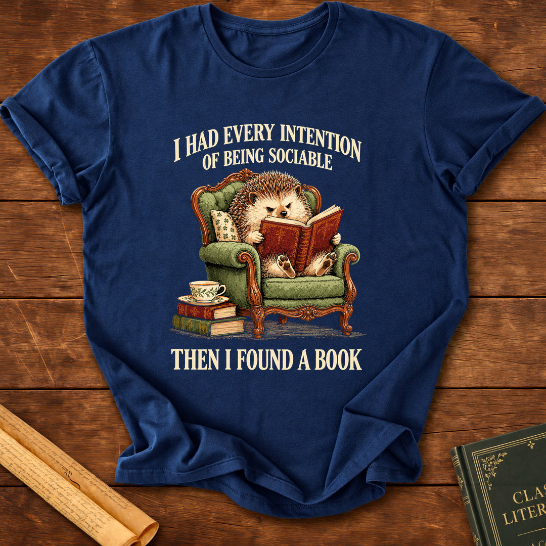 I Had Every Intention of Being Sociable – Hedgehog Reading T-Shirt - Navy