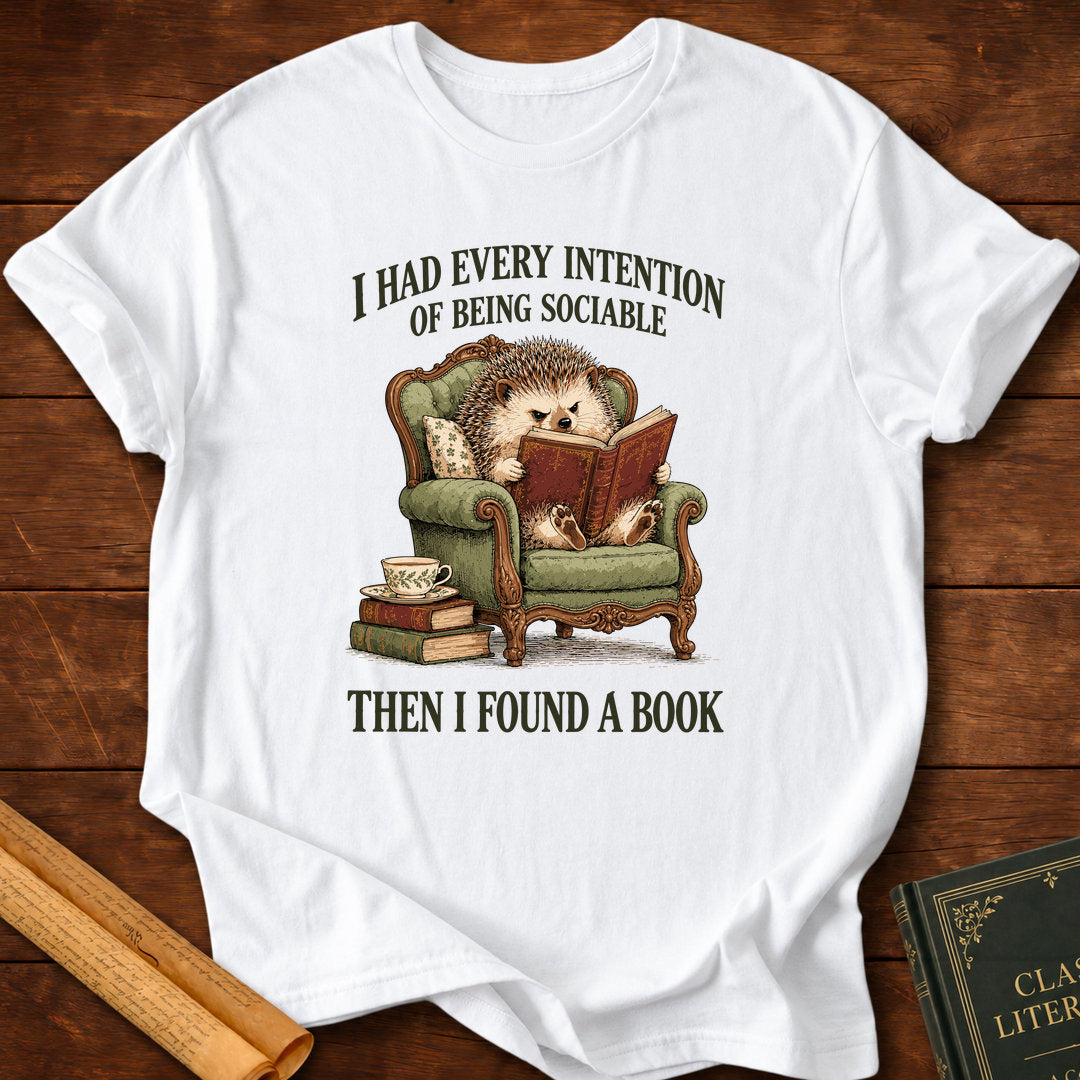 I Had Every Intention of Being Sociable – Hedgehog Reading T-Shirt - White