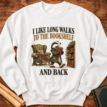 I Like Long Walks to the Bookshelf – Book Lover Badger Sweatshirt - White